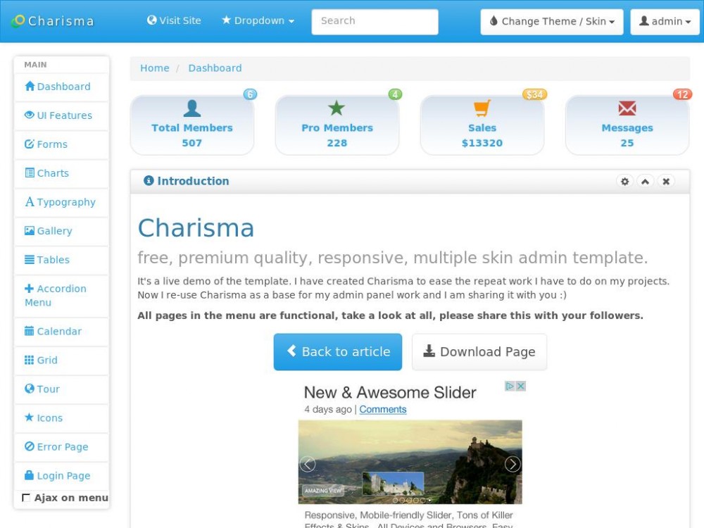 Шаблон панели управления Charisma для вашего сайта